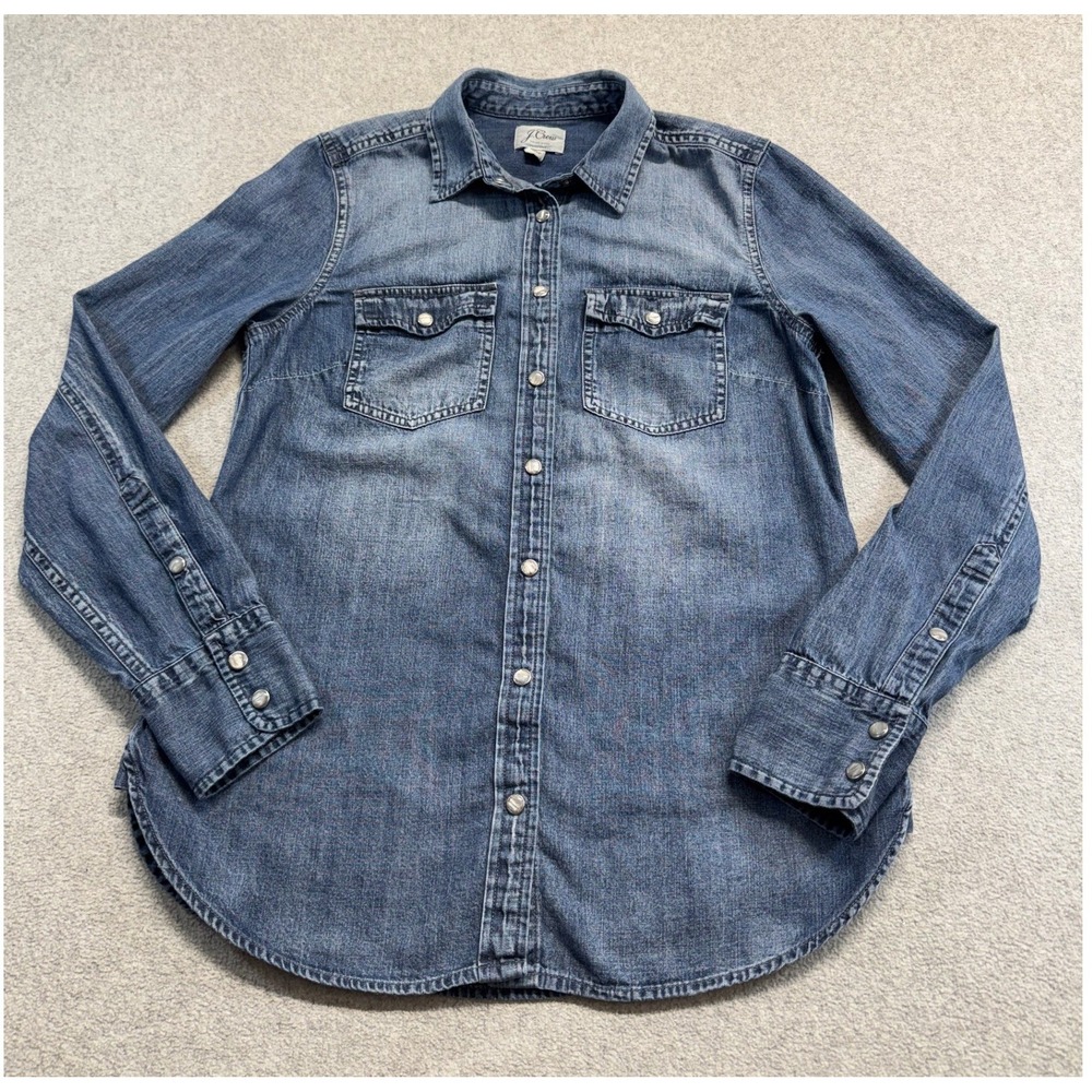 J Crew Womens 4 Denim Western Shirt Blue Pearl Snap Long Sleeve Cowgirl Classic